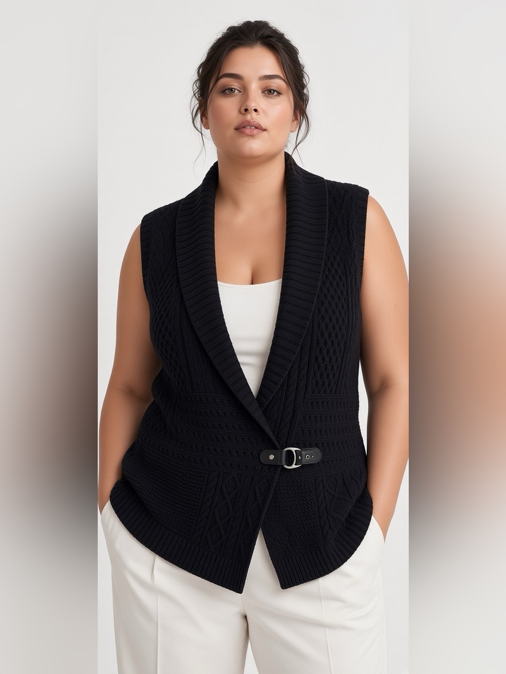 Lauren Ralph Lauren Black Cable Knit Sweater Vest Leather Buckle Shawl Collar